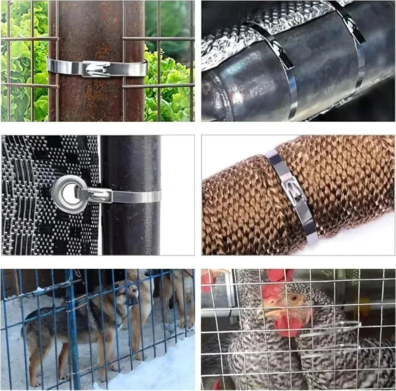 Close-up view of reusable stainless steel cable ties and a metal lock on a dark pipe.