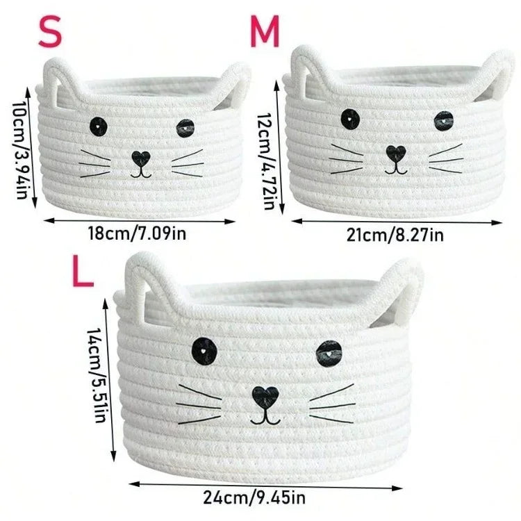 Three sizes of white woven cotton rope storage baskets shaped like cats, labeled S, M, and L.