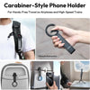 A black magnetic phone tripod with a carabiner clip is shown being held and used for hands-free travel.