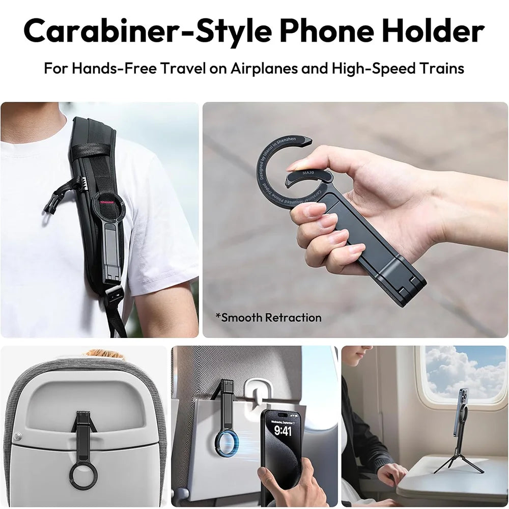 A black magnetic phone tripod with a carabiner clip is shown being held and used for hands-free travel.