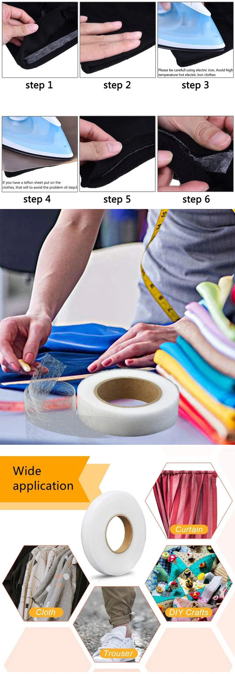 Iron-On Hem Tape — 65 Yards, No-Sew Adhesive Fabric Fusing Tape
