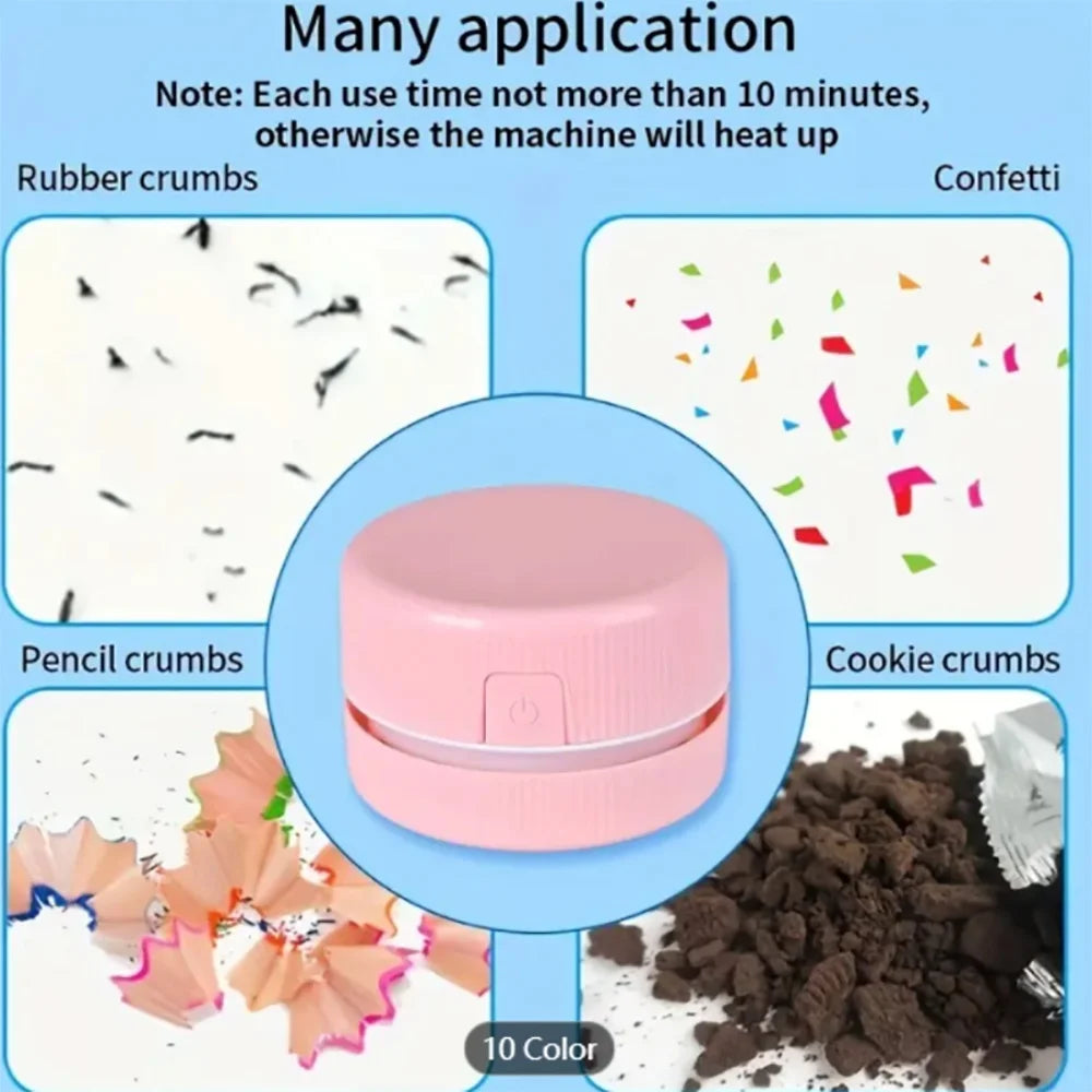 Pinkes Mini-Tischstaubsauger mit Krümeln wie Gummi, Konfetti, Bleistift und Kekskrümeln