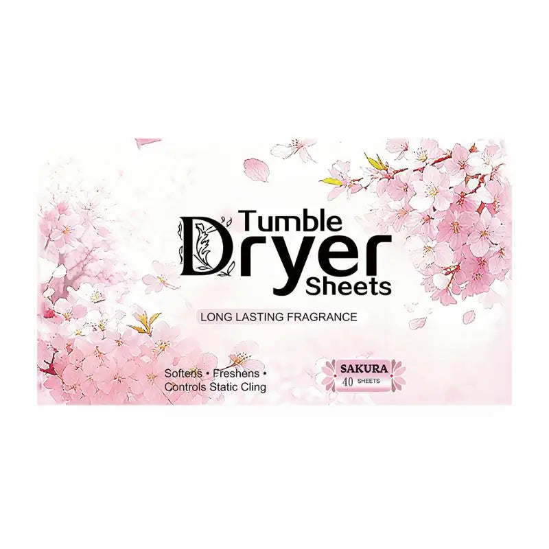 Box of Tumble Dryer Sheets featuring pink cherry blossoms and the text Long Lasting Fragrance