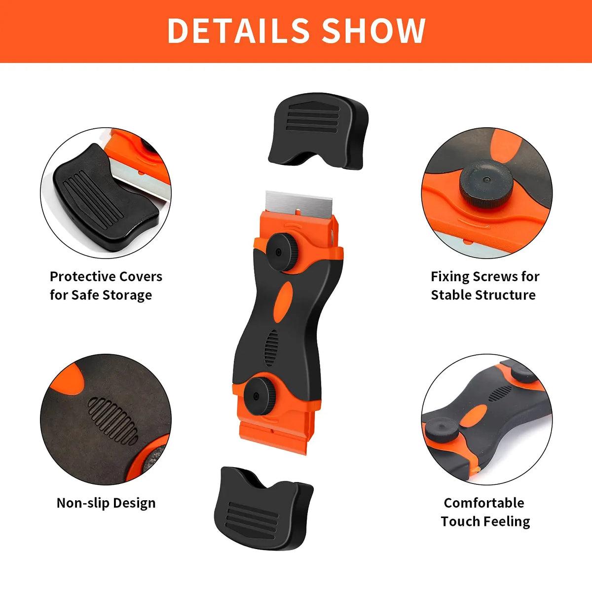 Details show protective covers, fixing screws, non-slip design, and comfortable touch feeling of a razor blade scraper tool.