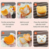 Step-by-step instructions for making an animal face rice ball using a mould and paddle.