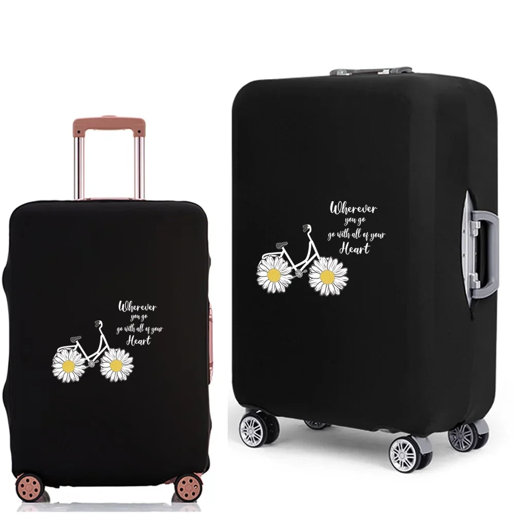 Black elastic suitcase protective cover featuring a daisy print design.