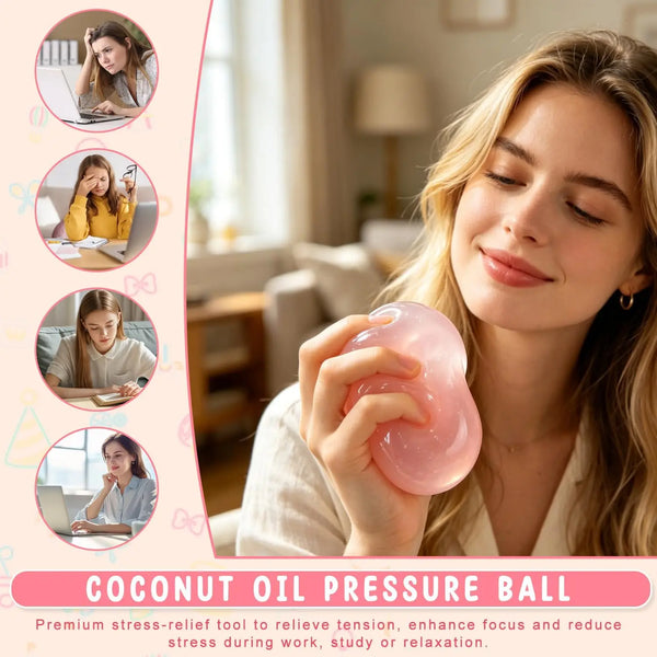 A woman holds a pink coconut oil pressure ball, demonstrating a stress relief tool for focus and relaxation.
