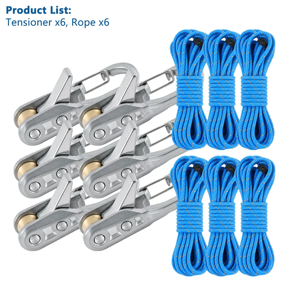 Set of six heavy-duty tensioners with reflective blue nylon rope and metal rollers