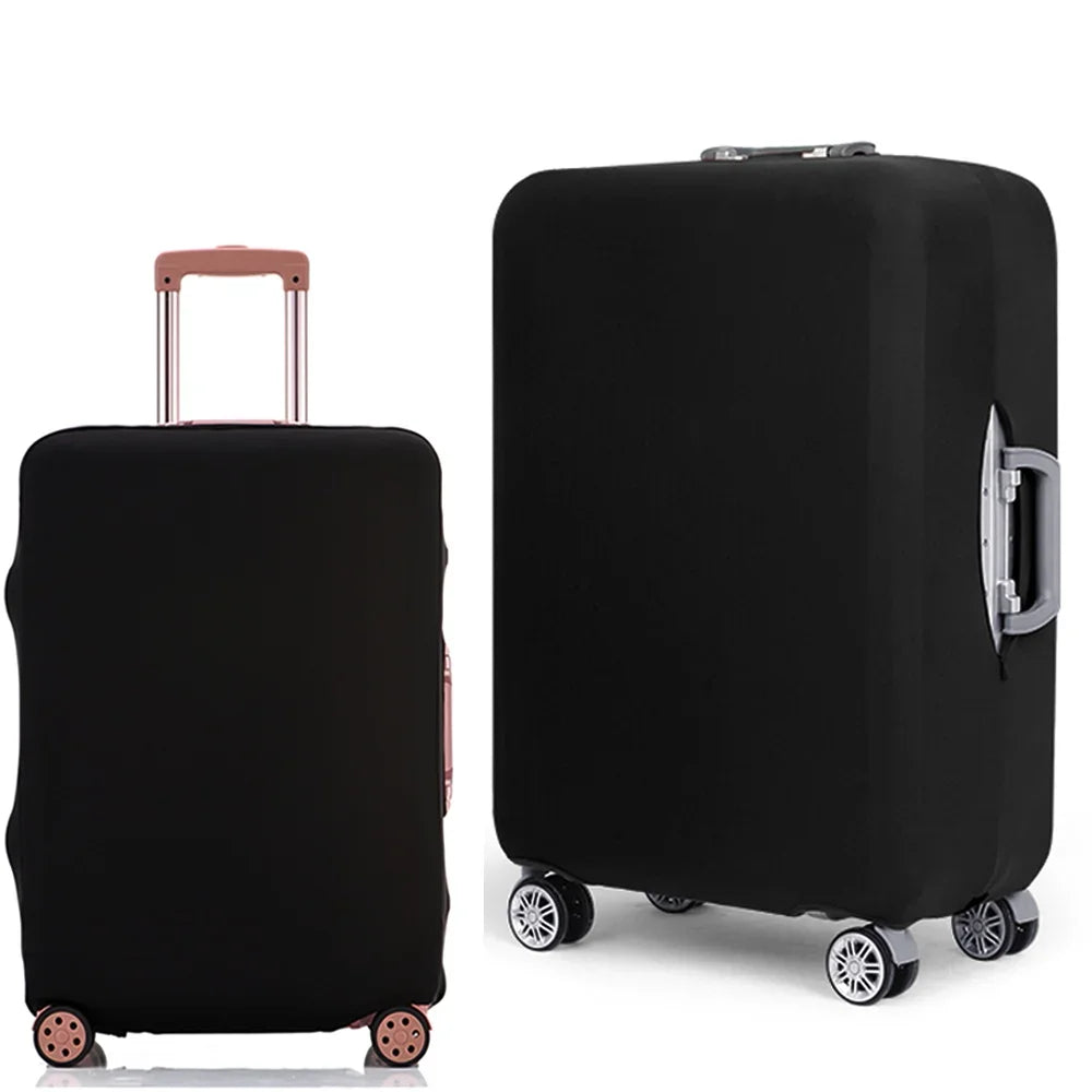 Black elastic suitcase protective cover with a silver handle and wheels