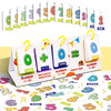 A set of colorful number cards and arithmetic operators used for Montessori English learning.