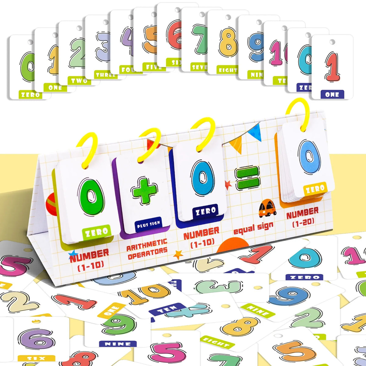A set of colorful number cards and arithmetic operators used for Montessori English learning.