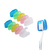A collection of ten colorful silicone toothbrush head protector caps in various shades of blue, green, and yellow.