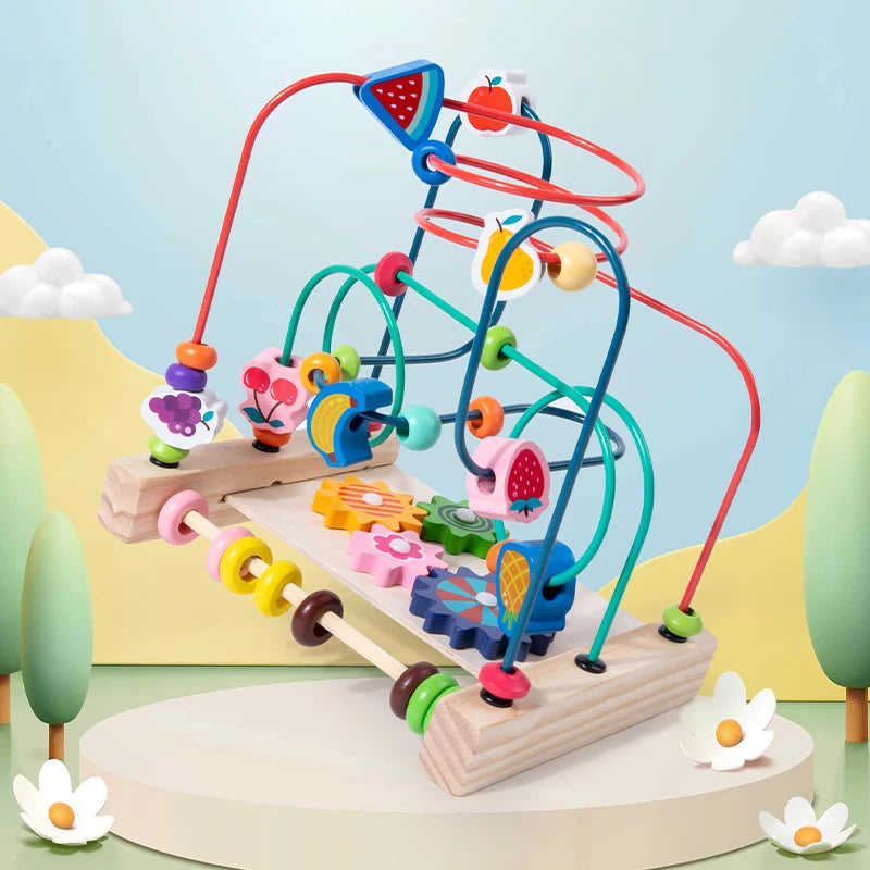 A wooden bead maze roller coaster toy featuring colorful beads and an abacus counter on a wooden track.