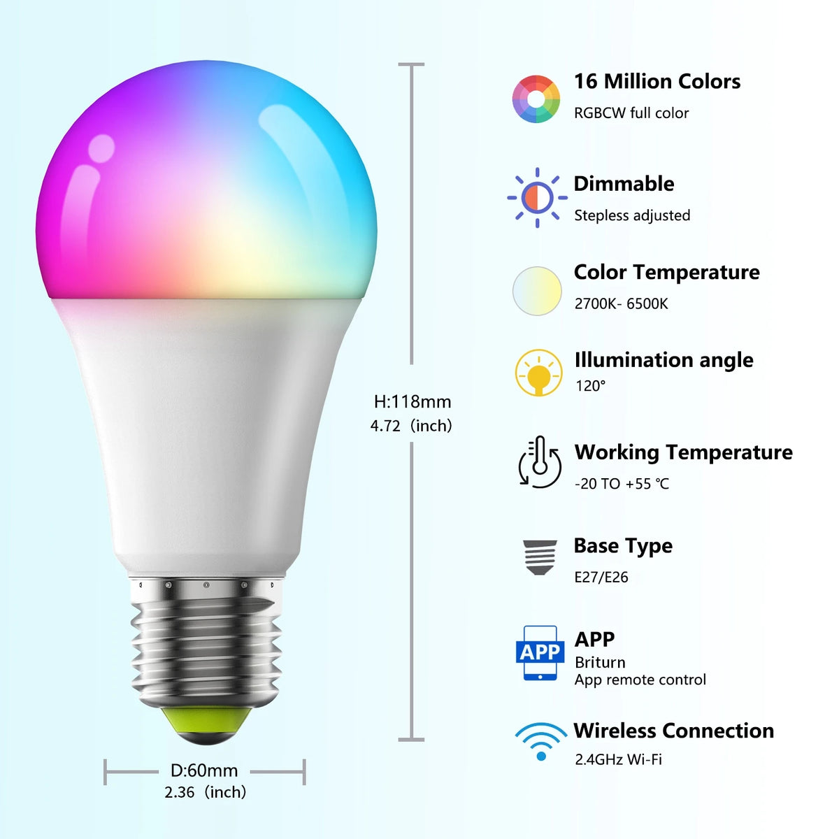 A white LED bulb with a colorful RGB head, showing specifications like dimmable function and illumination angle.