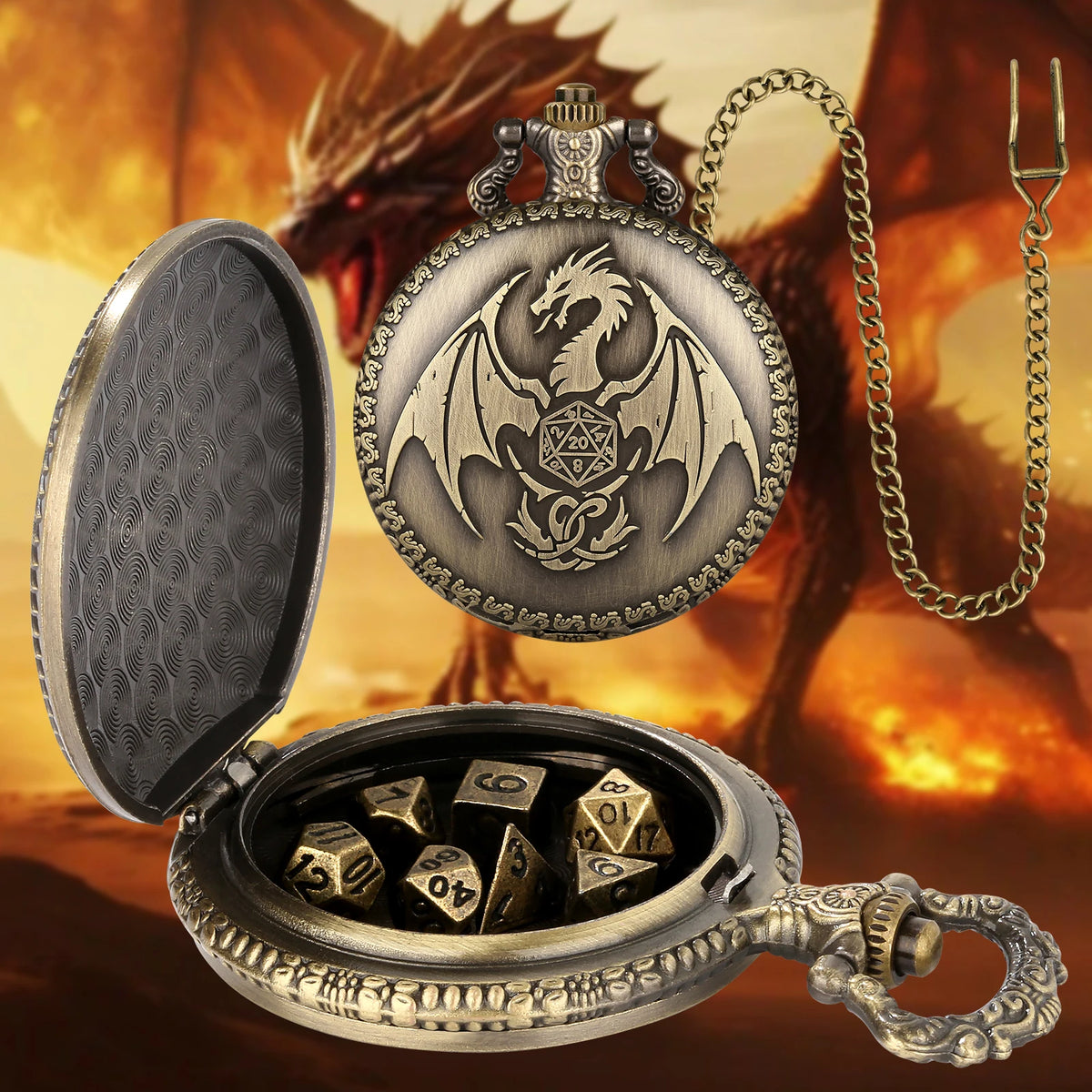 A silver dragon-themed pocket watch dice case with a lid open, displaying seven metal polyhedral dice and a dragon silhouette