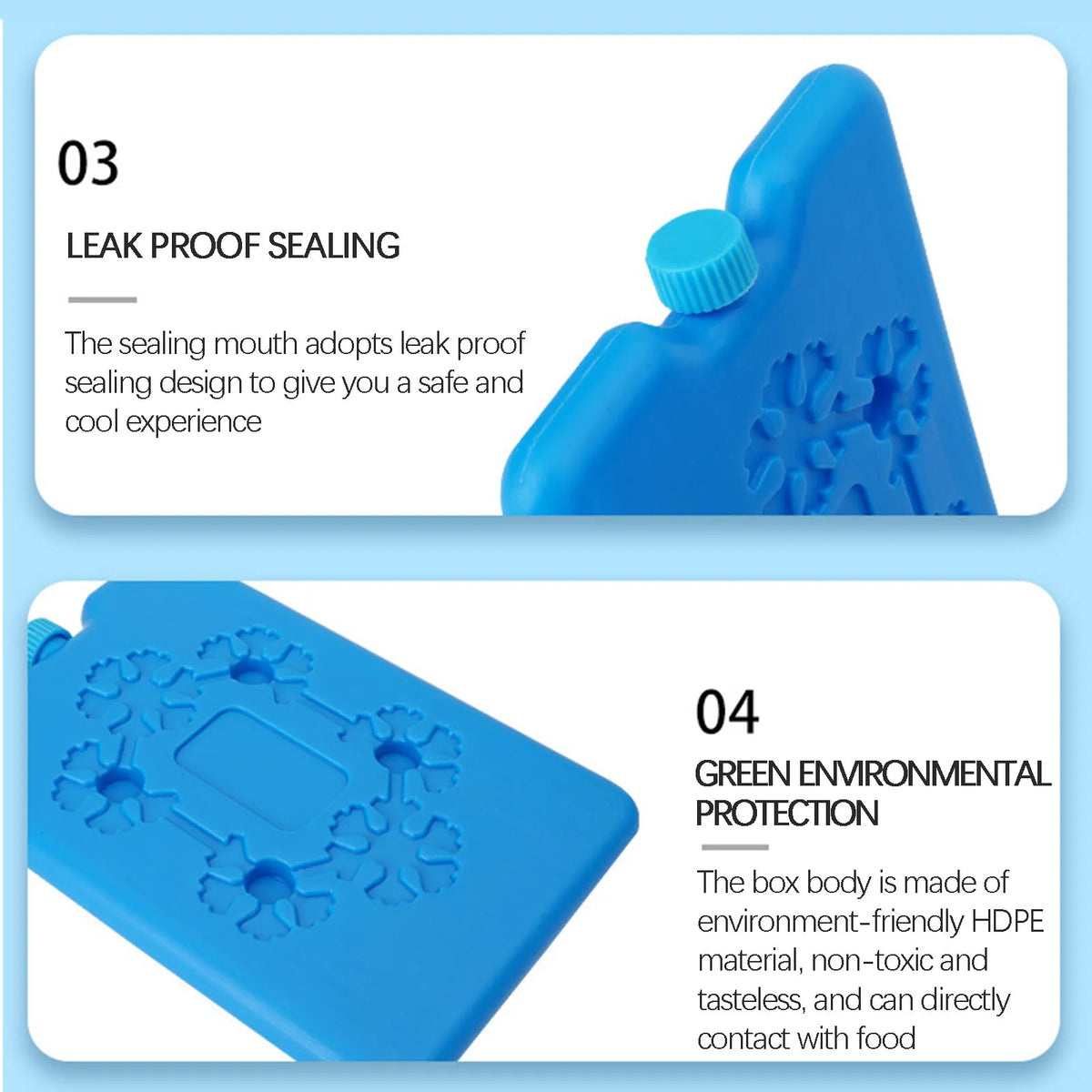 A blue reusable leak-proof ice pack with a sealing mouth and a green environmental protection box body.