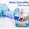 A colorful 3-in-1 kids ball pit play tent with a crawl tunnel and an ocean ball inside.