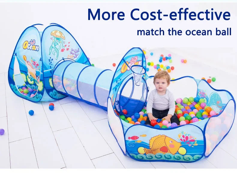 A colorful 3-in-1 kids ball pit play tent with a crawl tunnel and an ocean ball inside.