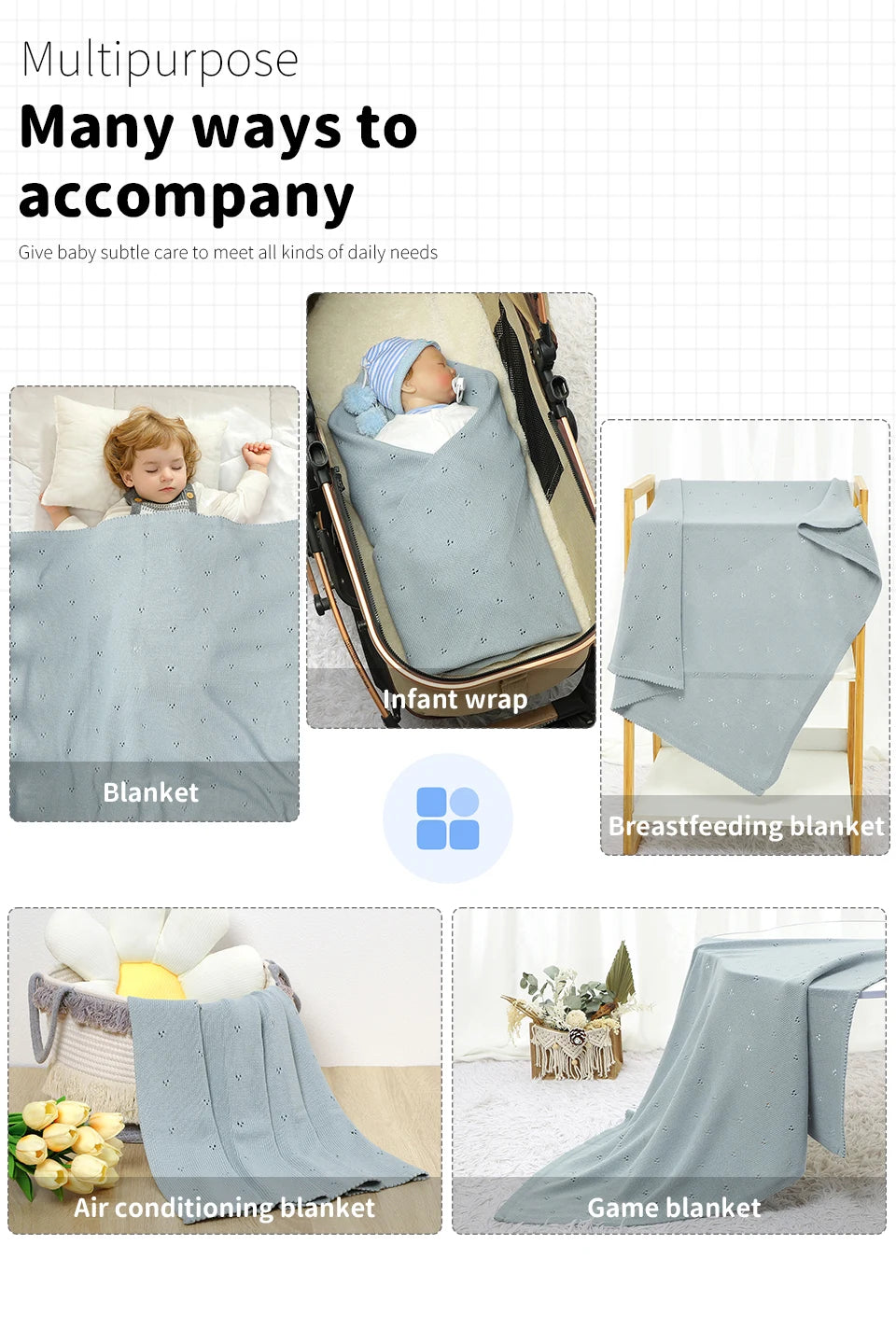 A collection of multipurpose baby blankets including a regular blanket, an infant wrap, a breastfeeding blanket, an air condi