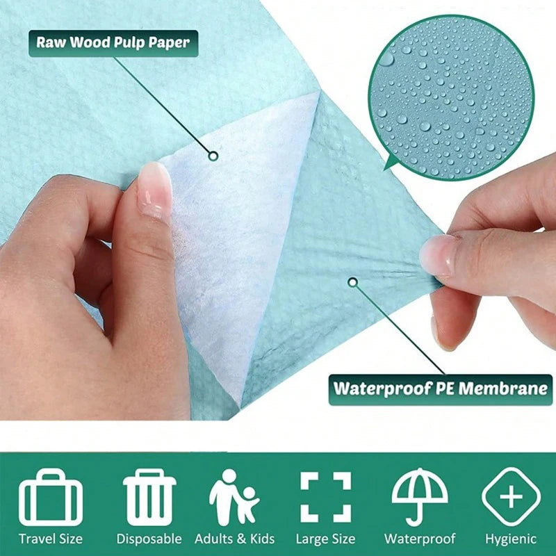 A hand is holding a thin, white material layered between a green paper and a waterproof PE membrane.