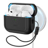 A black charging case for AirPods Pro 3 with a secure magnetic lock and drop protection, shown next to a white circular objec