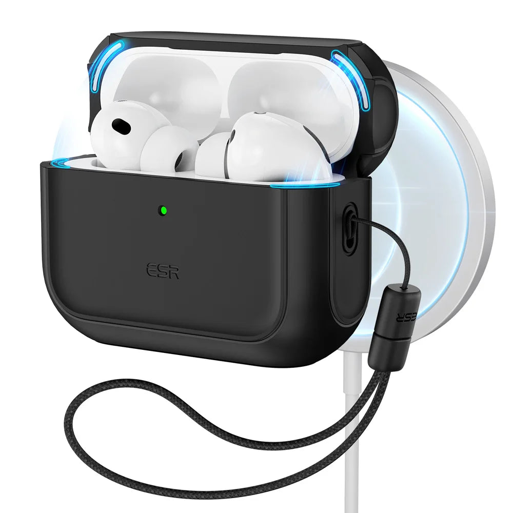 A black charging case for AirPods Pro 3 with a secure magnetic lock and drop protection, shown next to a white circular objec