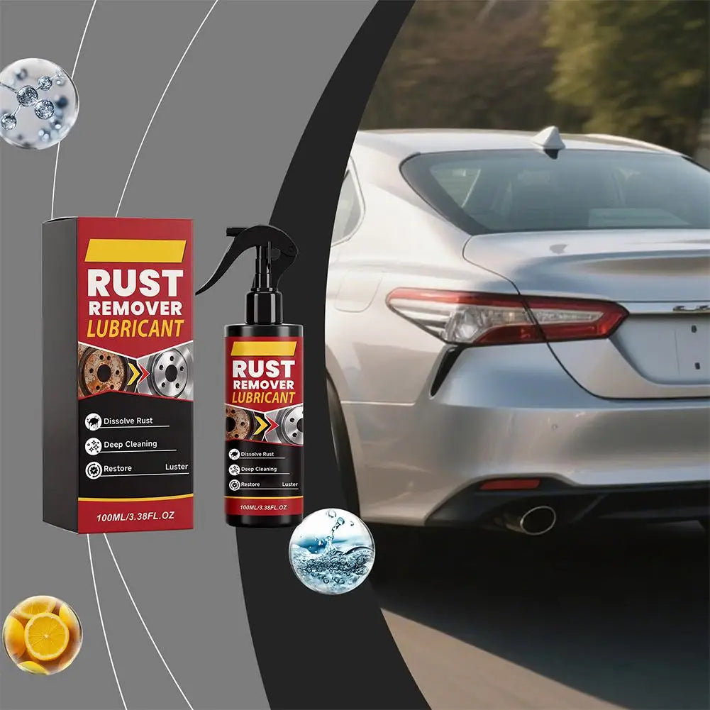 A bottle of Rust Remover Lubricant next to a silver car, demonstrating its use for rust removal and corrosion protection.