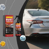 A bottle of Rust Remover Lubricant next to a silver car, demonstrating its use for rust removal and corrosion protection.