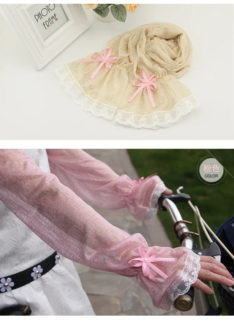 Close-up of a pink sheer fabric sleeve with a pink bow detail being sewn onto it.
