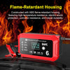 A red 12V intelligent pulse repair charger with an LCD display is shown against a background of fire.