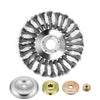 A steel wire wheel brush for string trimmers shown with various mounting components.