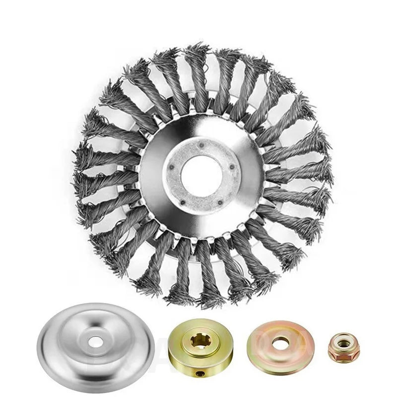A steel wire wheel brush for string trimmers shown with various mounting components.