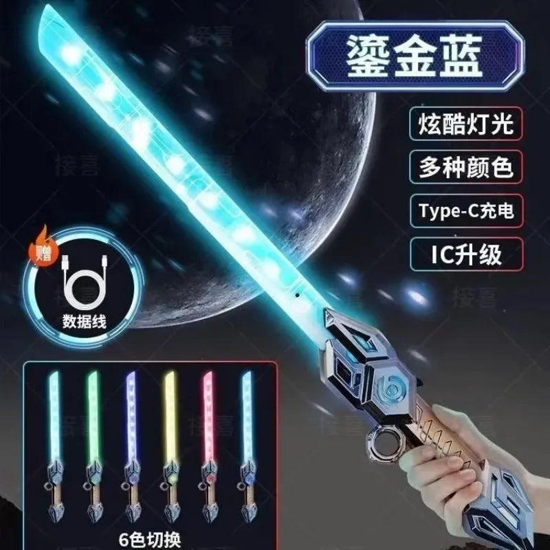 A hand holds a blue LED lightsaber with a telescopic blade against a dark background, showing various color options.