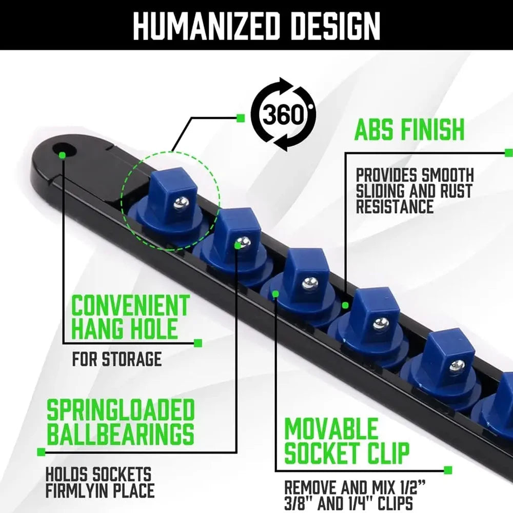 Black organizer rail with springloaded ballbearings and movable socket clips for storage