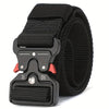 Black tactical nylon belt with a secure metal buckle and red accents.