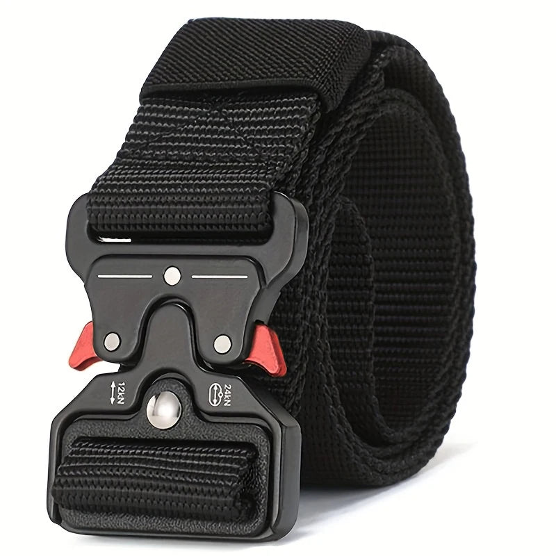 Black tactical nylon belt with a secure metal buckle and red accents.