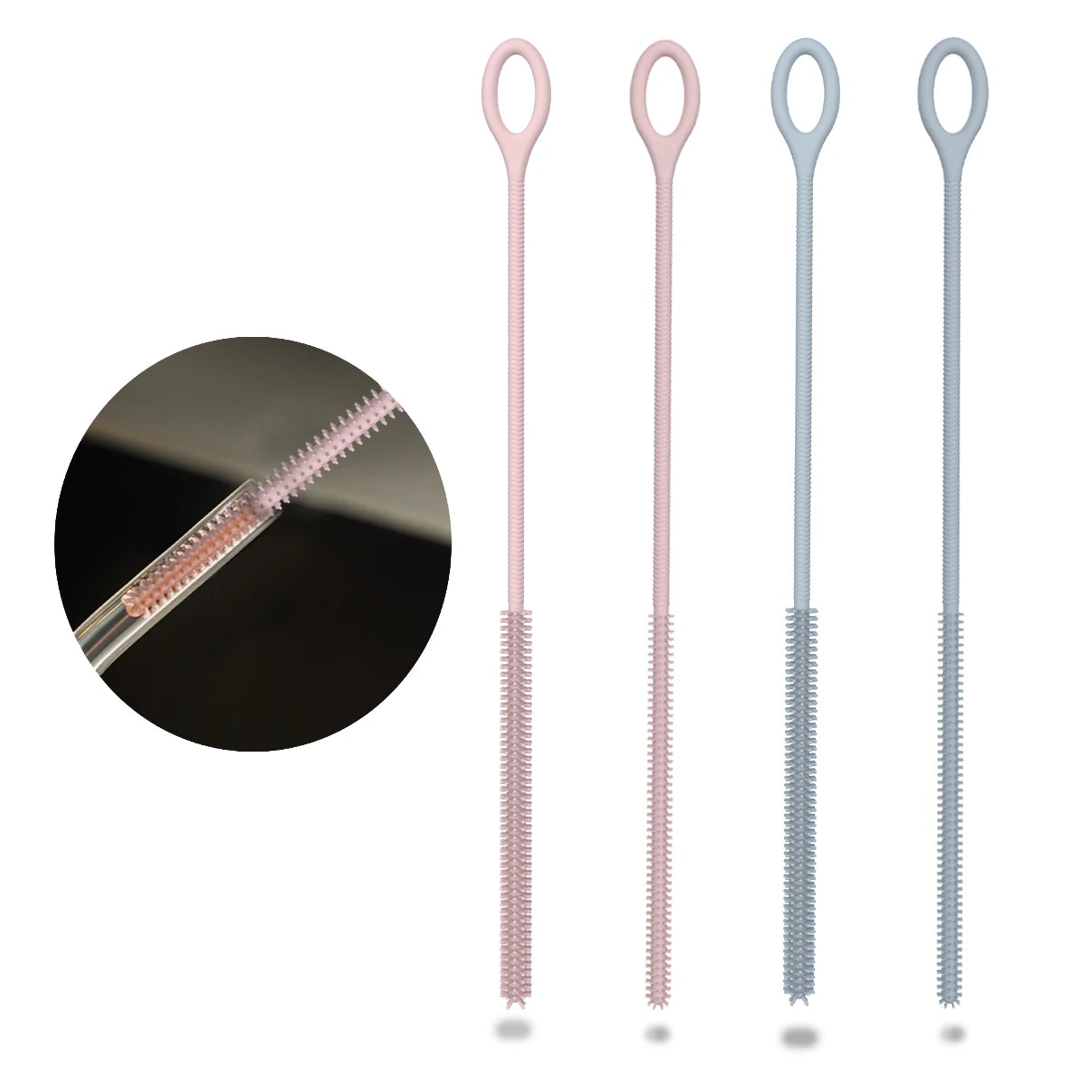A set of two reusable silicone straw cleaning brushes, one pink and one blue-gray, shown alongside a magnified view of the br