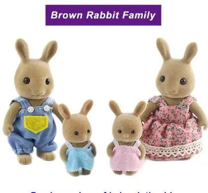 Brown rabbit family miniature dollhouse furniture set featuring several small stuffed rabbits