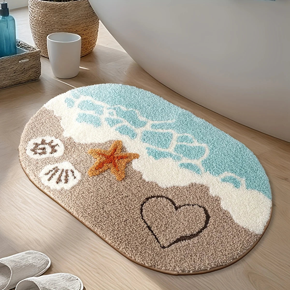 A beige and blue anti-slip bathroom rug with a starfish design on a light wooden floor.