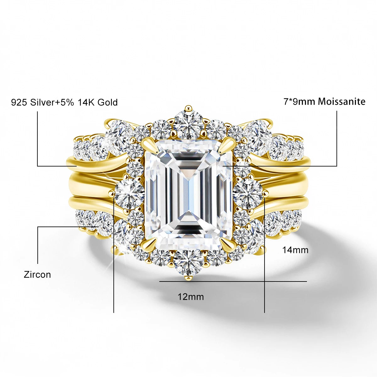A stackable ring set featuring a 3ct emerald cut moissanite stone in 14K gold filled.