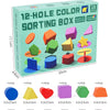 A box of 12-hole color sorting shapes in various geometric colors for toddlers.