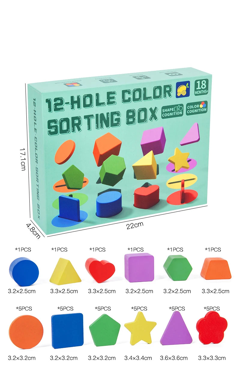 A box of 12-hole color sorting shapes in various geometric colors for toddlers.