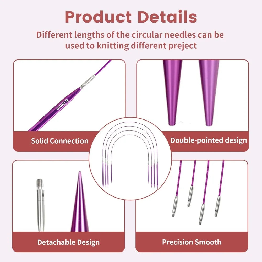 A set of purple circular knitting needles showing different lengths, solid connection, detachable design, and precision smoot