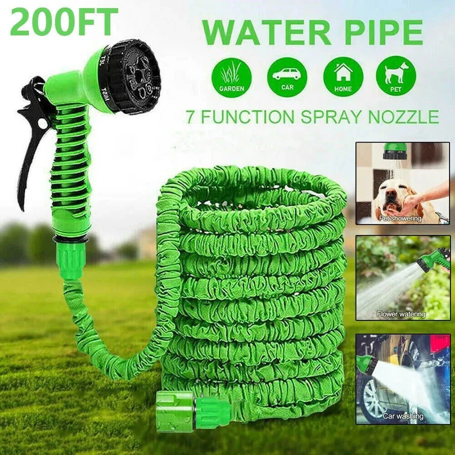 A bright green expandable water pipe or hose with a spray nozzle is shown in an outdoor garden setting.