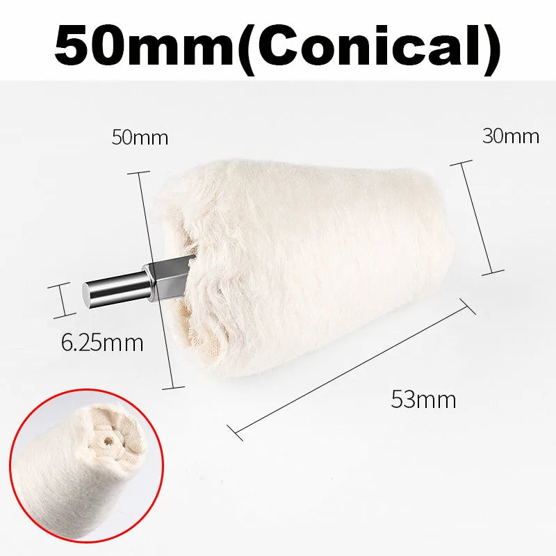 A white conical cotton buffing wheel with a 50mm diameter and 30mm length, shown next to a measuring scale.