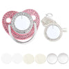 Pink rhinestone pacifier with clip for babies and a set of white silicone pacifiers