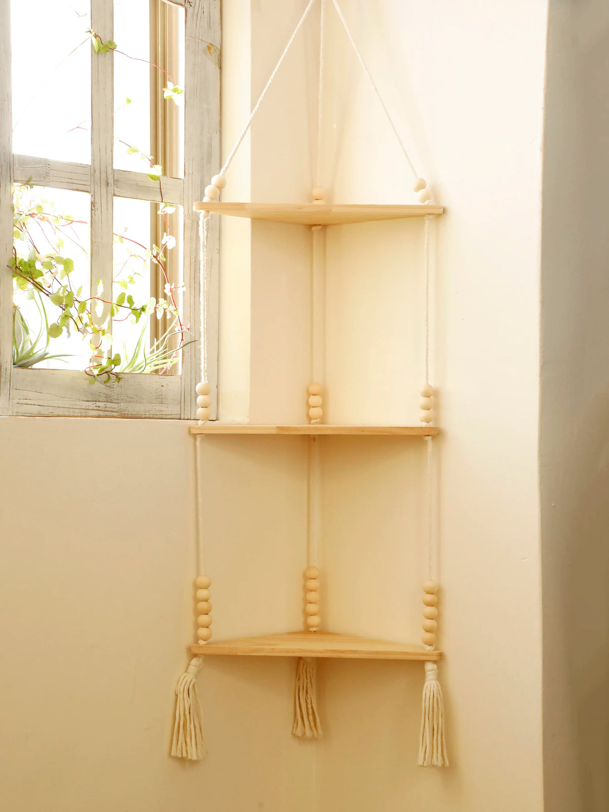 Triangle Wood Floating Wall Shelf with Macrame Rope