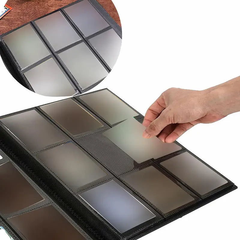 A hand is placing a sheet of premium card binder album into a black display case.