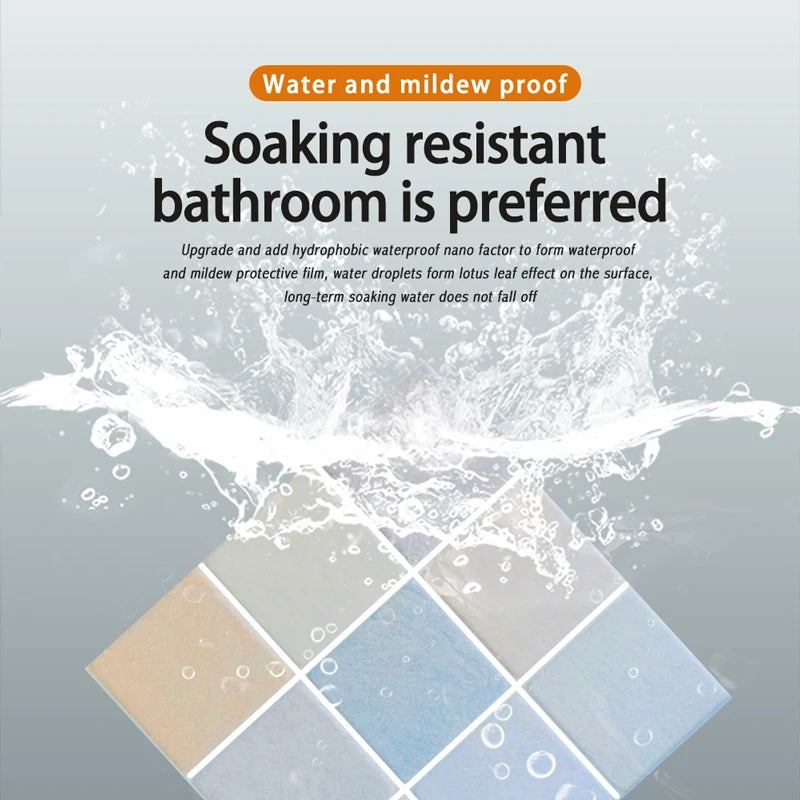 A close-up of various bathroom tiles showing water droplets and a textured surface.