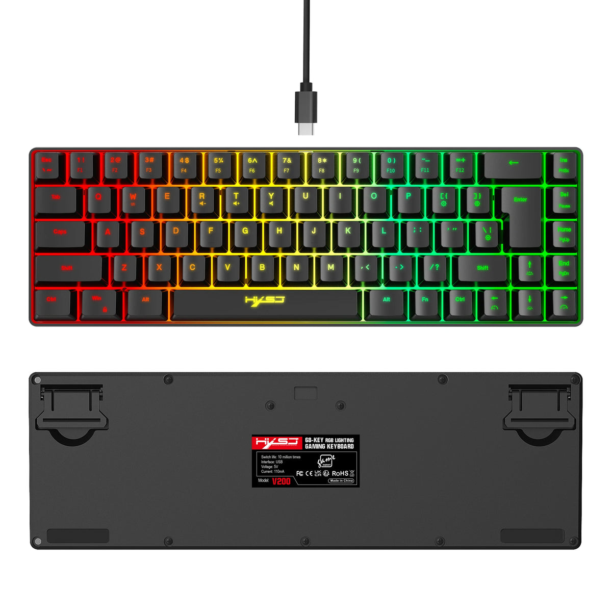 Compact 68-Key RGB Gaming Keyboard with USB Wired Connection